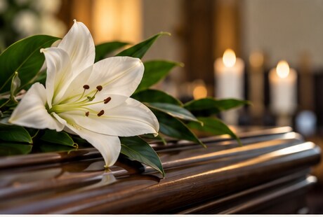 White lily beside candles on a polished surface