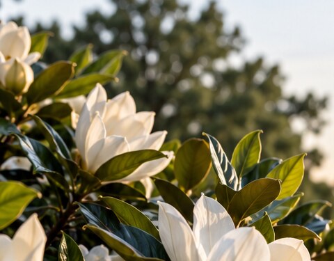 Ivory magnolia blossoms among deep green leaves